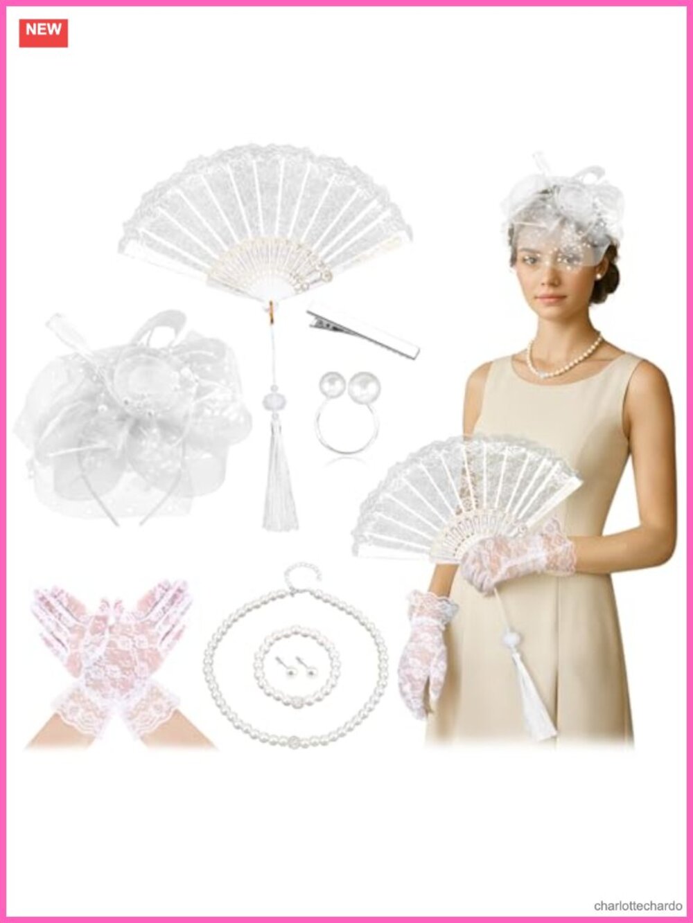 7-Piece Tea Party Accessory Set Lace Gloves Fascinator Pearl Jewelry